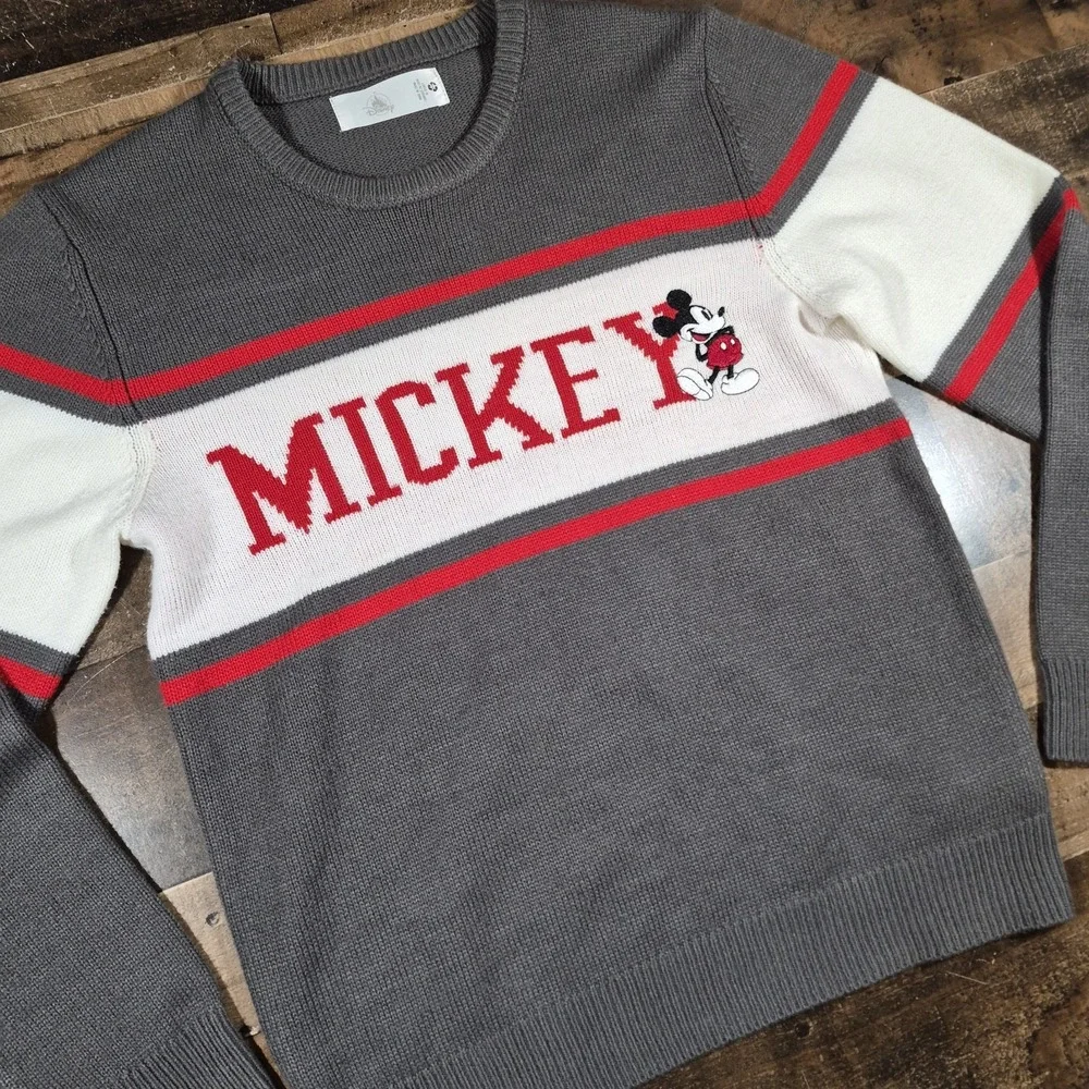 Disney Mickey Mouse Sweater Mens Medium Gray Varsity Block Embroidered Park